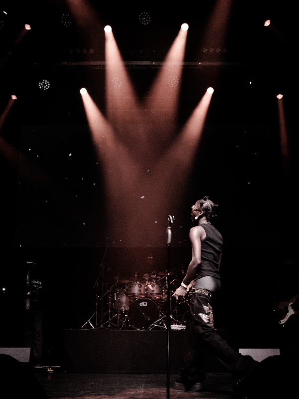 Moody shot of a Seyi Vibez standing at a microphone stand under warm, hazy red stage lights. — concert photography London by Lamss Media